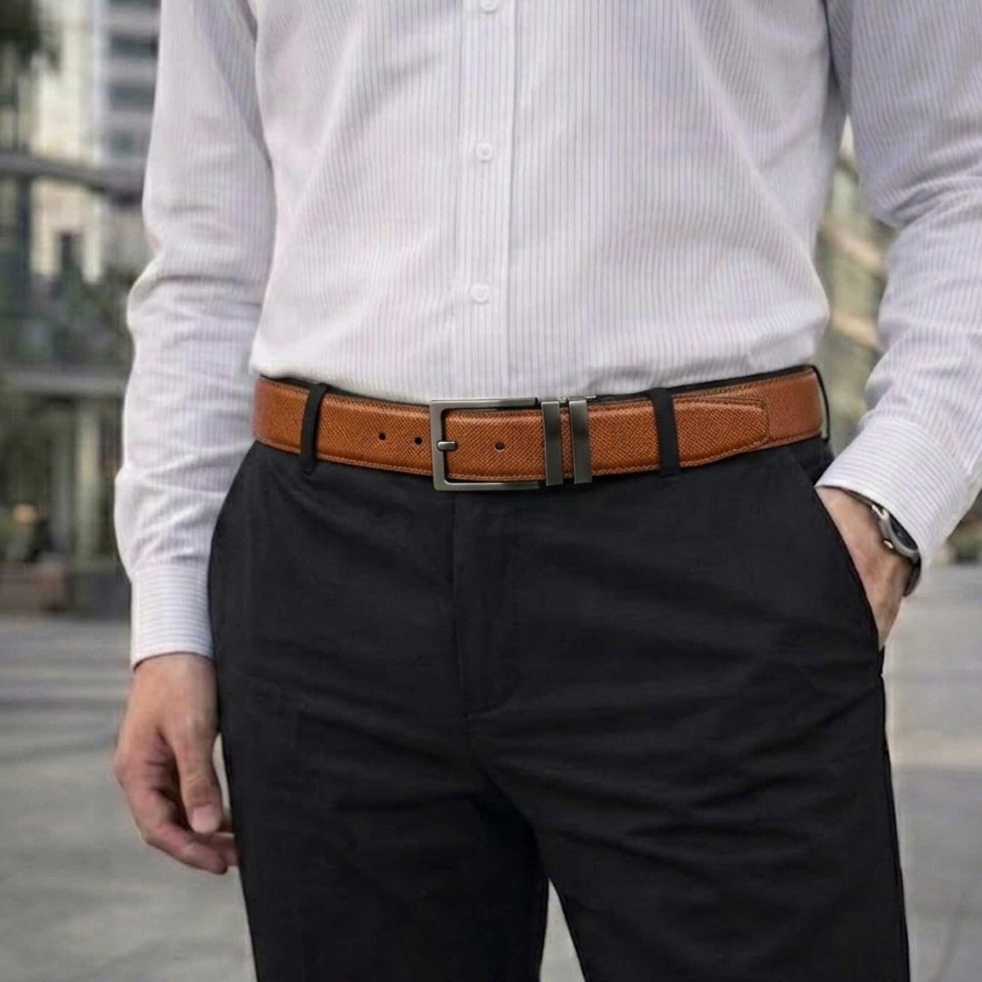 Mens 100% Genuine Leather Belt - GRAVEX Saffiano Texture (Brown & Black Reversible) — Leather Belts for Men | THE MEN THING
