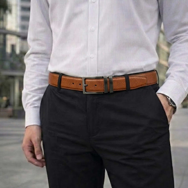Mens 100% Genuine Leather Belt - GRAVEX Saffiano Texture (Brown & Black Reversible)
