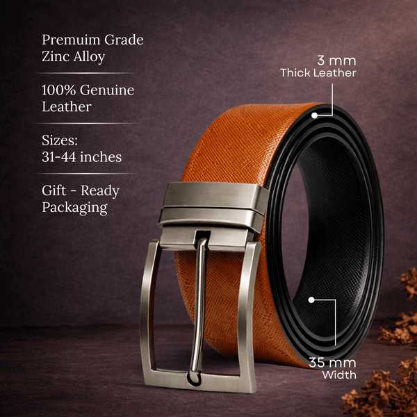 Mens 100% Genuine Leather Belt - GRAVEX Saffiano Texture (Brown & Black Reversible)