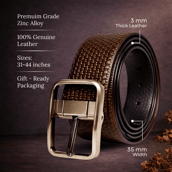 Mens 100% Genuine Leather Belt - GRIDCORE Grid Weave Emboss (Brown & Black Reversible)