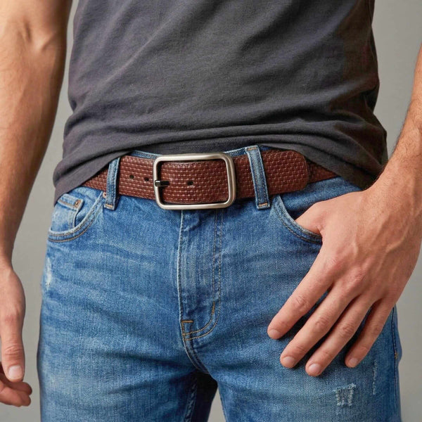 Mens 100% Genuine Leather Belt - GRIDLUX Woven Emboss (Brown & Black Reversible)