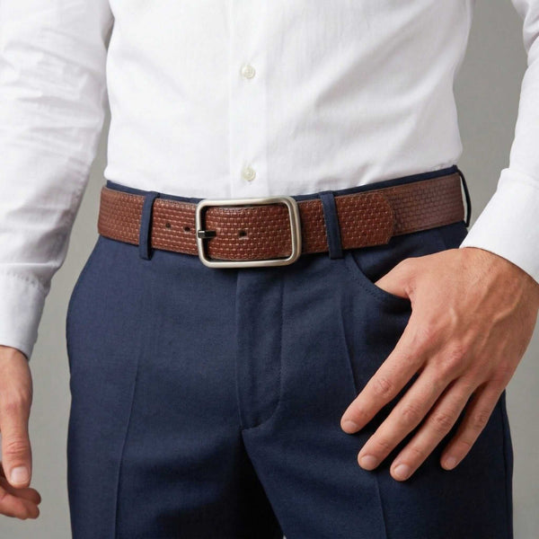Mens 100% Genuine Leather Belt - GRIDLUX Woven Emboss (Brown & Black Reversible)