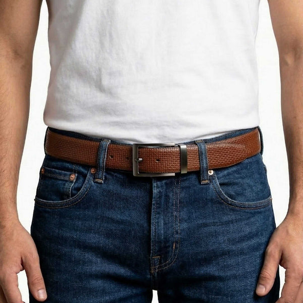 Mens 100% Genuine Leather Belt - GRIDON Grid Weave Emboss (Brown & Black Reversible)