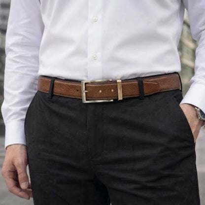 Mens 100% Genuine Leather Belt - GRIDON Grid Weave Emboss (Brown & Black Reversible) — Leather Belts for Men | THE MEN THING