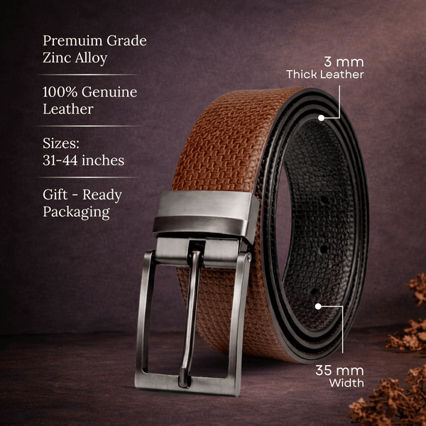 Mens 100% Genuine Leather Belt - GRIDON Grid Weave Emboss (Brown & Black Reversible)