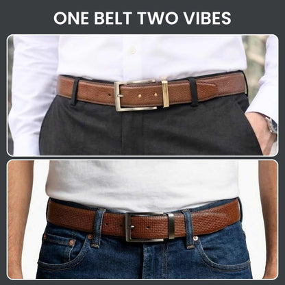 Mens 100% Genuine Leather Belt - GRIDON Grid Weave Emboss (Brown & Black Reversible) — Leather Belts for Men | THE MEN THING