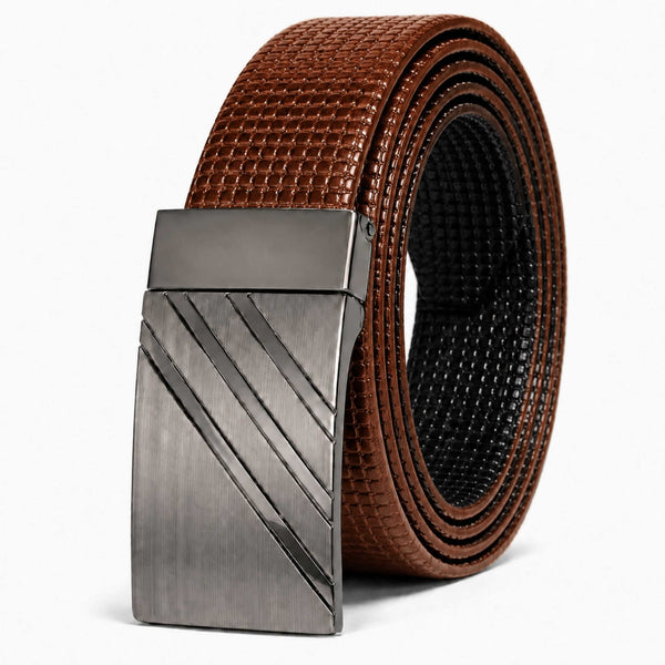 Mens 100% Genuine Leather Belt - GRIDSTRIKE Grid Weave Plate (Brown & Black Reversible)