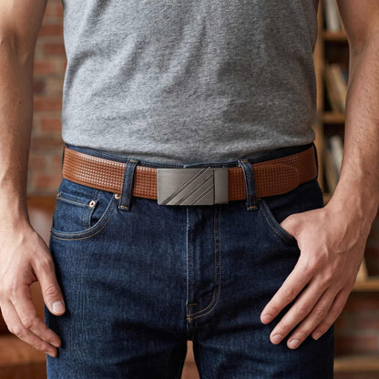 Mens 100% Genuine Leather Belt - GRIDSTRIKE Grid Weave Plate (Brown & Black Reversible) — Leather Belts for Men | THE MEN THING
