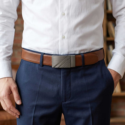 Mens 100% Genuine Leather Belt - GRIDSTRIKE Grid Weave Plate (Brown & Black Reversible) — Leather Belts for Men | THE MEN THING