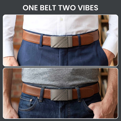 Mens 100% Genuine Leather Belt - GRIDSTRIKE Grid Weave Plate (Brown & Black Reversible) — Leather Belts for Men | THE MEN THING
