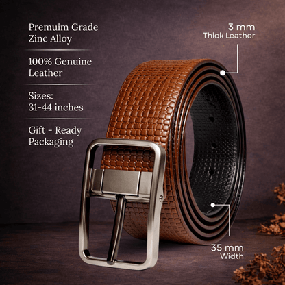 Mens 100% Genuine Leather Belt - GRIDTEXTURE Basket Weave Emboss (Brown & Black Reversible) — Leather Belts for Men | THE MEN THING
