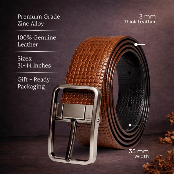 Mens 100% Genuine Leather Belt - GRIDTEXTURE Basket Weave Emboss (Brown & Black Reversible)