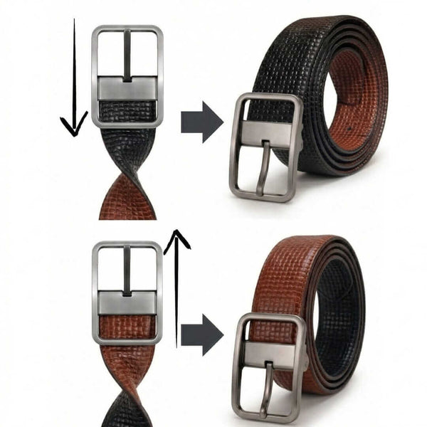 Mens 100% Genuine Leather Belt - GRIDTEXTURE Basket Weave Emboss (Brown & Black Reversible)