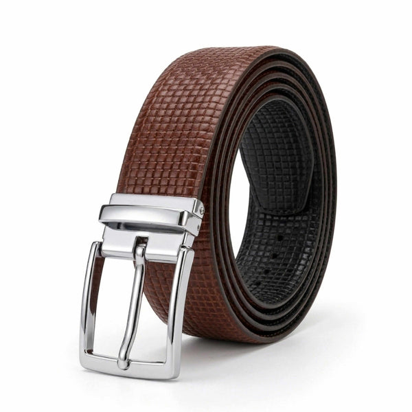 Mens 100% Genuine Leather Belt - GRIDXO Woven Grid Emboss (Brown & Black Reversible)