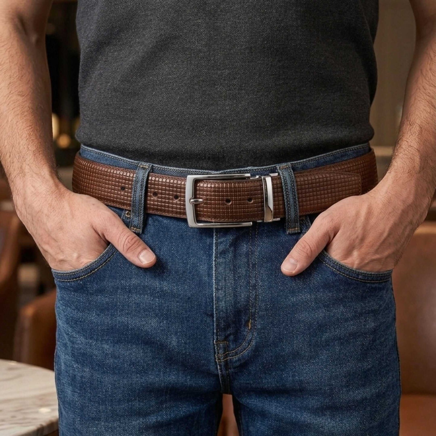 Mens 100% Genuine Leather Belt - GRIDXO Woven Grid Emboss (Brown & Black Reversible) — Leather Belts for Men | THE MEN THING