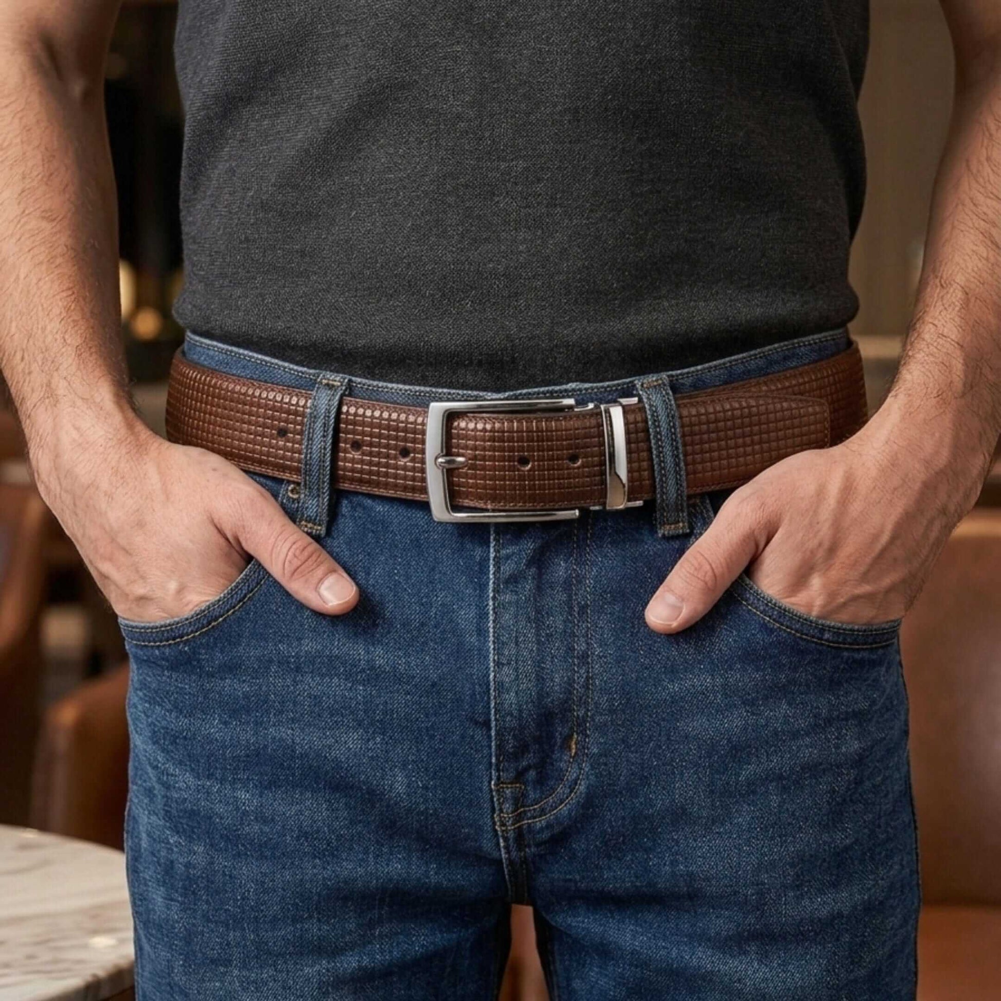 Mens 100% Genuine Leather Belt - GRIDXO Woven Grid Emboss (Brown & Black Reversible) — Leather Belts for Men | THE MEN THING