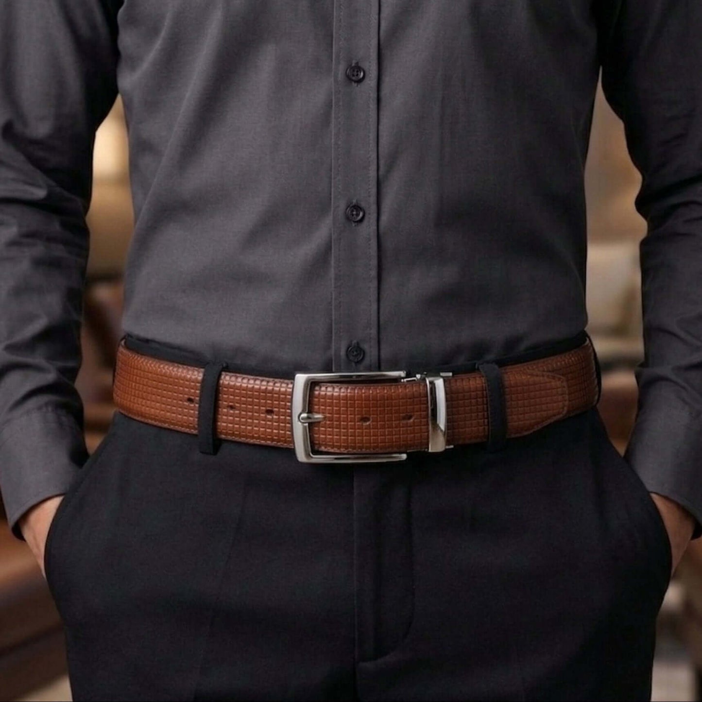Mens 100% Genuine Leather Belt - GRIDXO Woven Grid Emboss (Brown & Black Reversible) — Leather Belts for Men | THE MEN THING