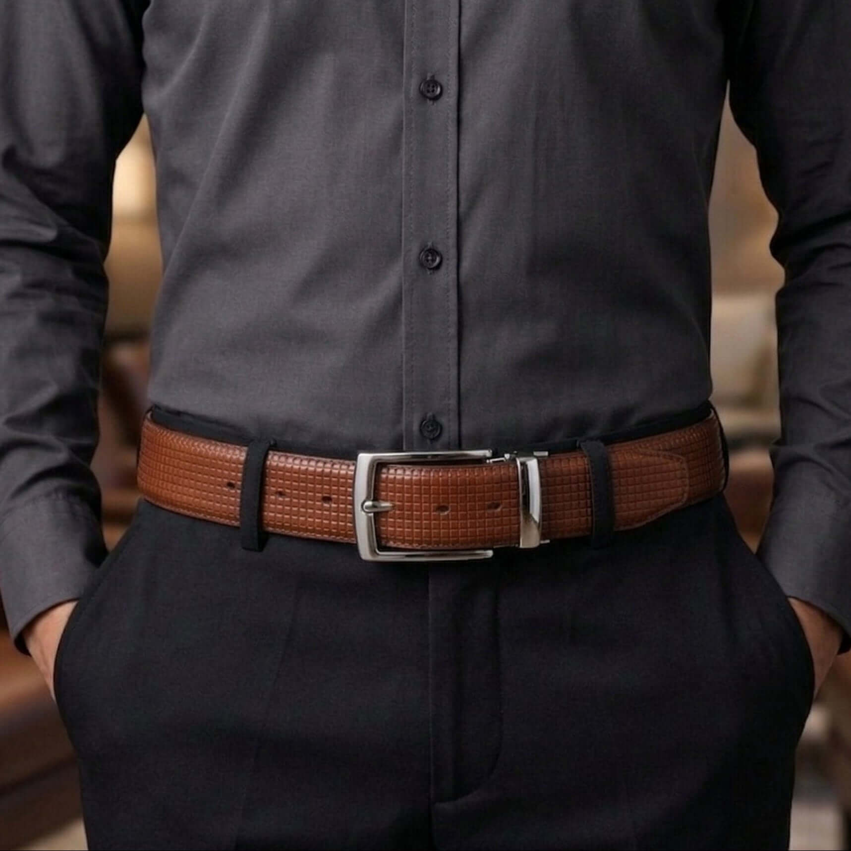Mens 100% Genuine Leather Belt - GRIDXO Woven Grid Emboss (Brown & Black Reversible) — Leather Belts for Men | THE MEN THING