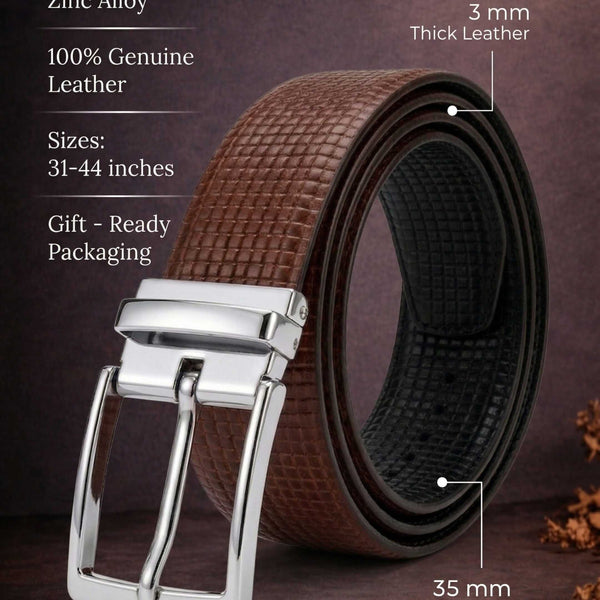 Mens 100% Genuine Leather Belt - GRIDXO Woven Grid Emboss (Brown & Black Reversible)