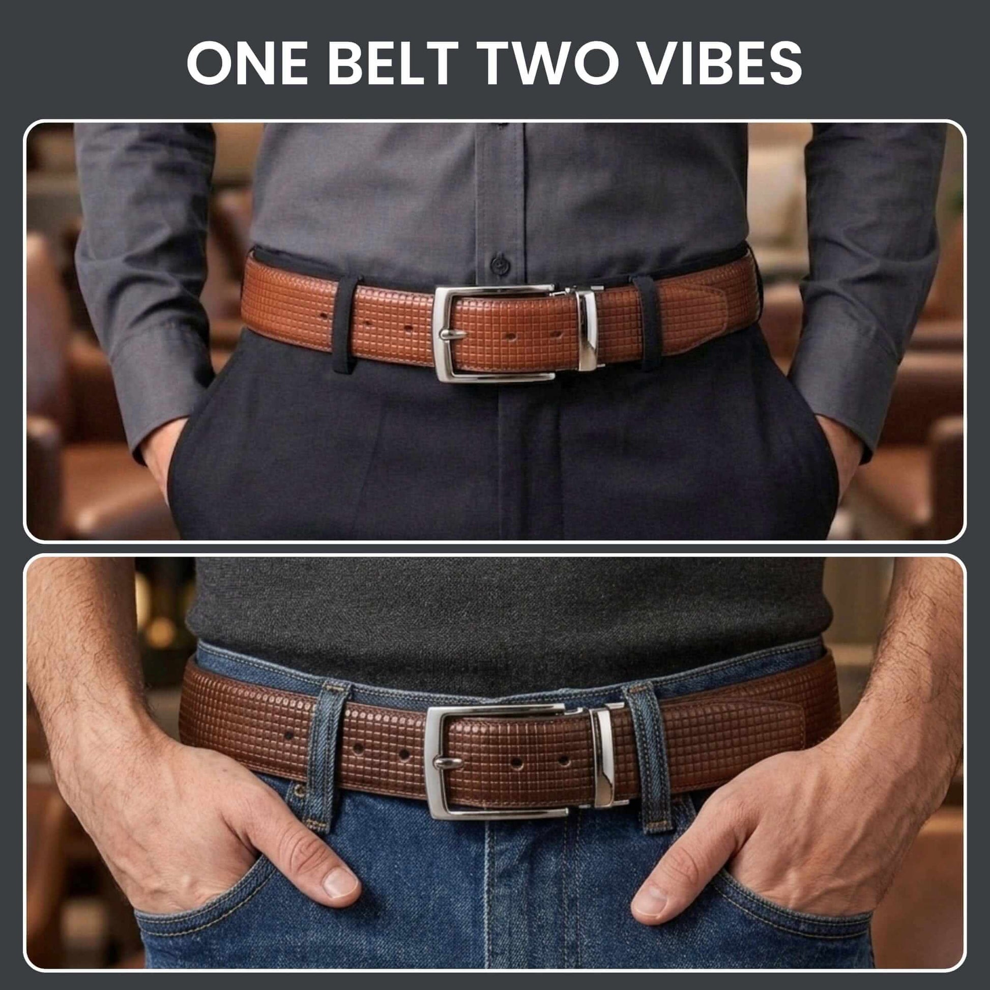 Mens 100% Genuine Leather Belt - GRIDXO Woven Grid Emboss (Brown & Black Reversible) — Leather Belts for Men | THE MEN THING