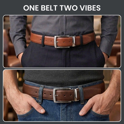 Mens 100% Genuine Leather Belt - GRIDXO Woven Grid Emboss (Brown & Black Reversible) — Leather Belts for Men | THE MEN THING