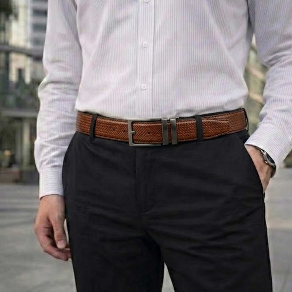 Mens 100% Genuine Leather Belt - HEXARO Dot Grid Emboss (Brown & Black Reversible)