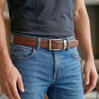 Mens 100% Genuine Leather Belt - HEXOR Lizard Emboss (Brown & Black Reversible) — Leather Belts for Men | THE MEN THING