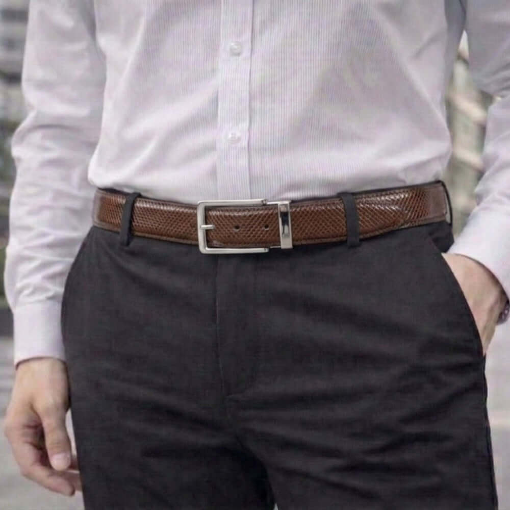 Mens 100% Genuine Leather Belt - HEXOR Lizard Emboss (Brown & Black Reversible) — Leather Belts for Men | THE MEN THING