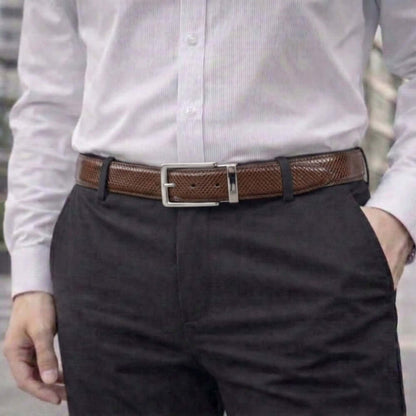 Mens 100% Genuine Leather Belt - HEXOR Lizard Emboss (Brown & Black Reversible) — Leather Belts for Men | THE MEN THING