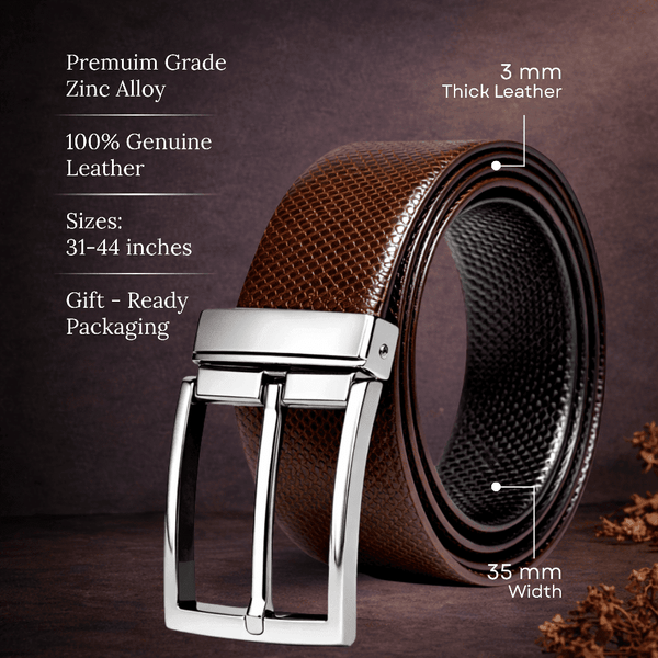 Mens 100% Genuine Leather Belt - HEXOR Lizard Emboss (Brown & Black Reversible)