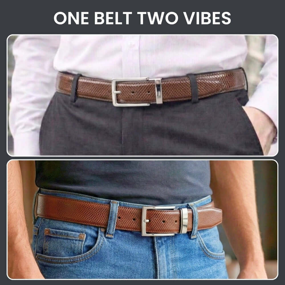Mens 100% Genuine Leather Belt - HEXOR Lizard Emboss (Brown & Black Reversible) — Leather Belts for Men | THE MEN THING