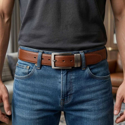 Mens 100% Genuine Leather Belt - LEXARO Basket Weave Grid (Brown & Black Reversible) — Leather Belts for Men | THE MEN THING