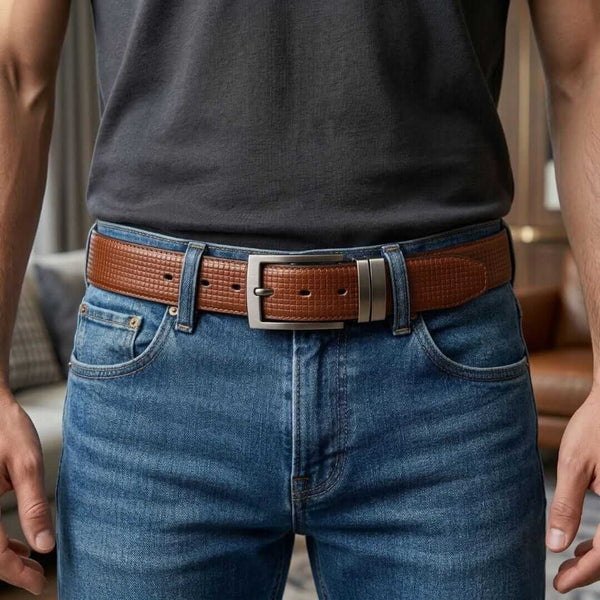 Mens 100% Genuine Leather Belt - LEXARO Basket Weave Grid (Brown & Black Reversible)