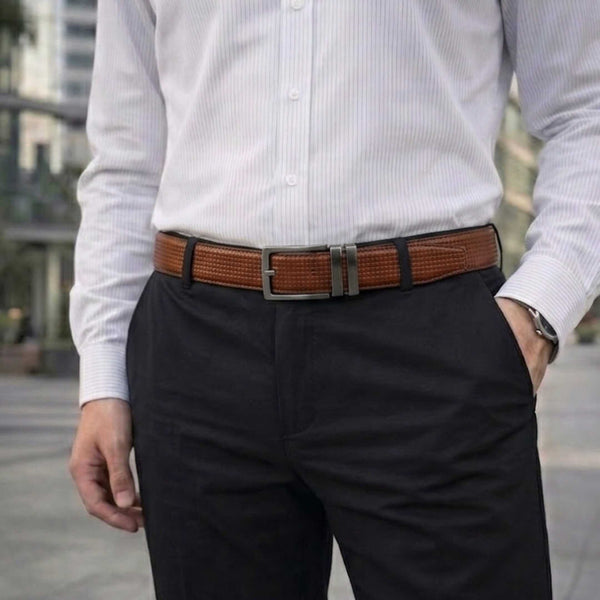 Mens 100% Genuine Leather Belt - LEXARO Basket Weave Grid (Brown & Black Reversible)