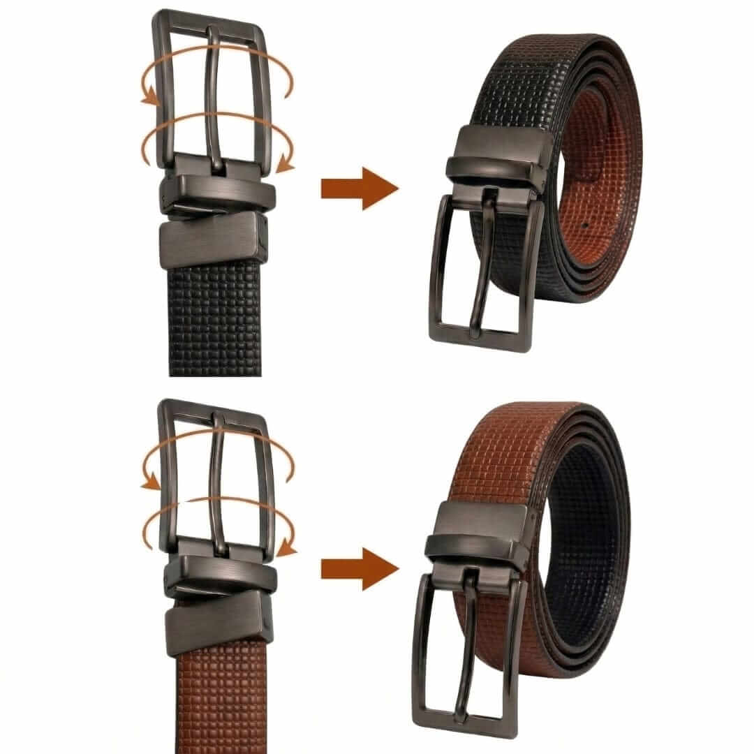 Mens 100% Genuine Leather Belt - LEXARO Basket Weave Grid (Brown & Black Reversible) — Leather Belts for Men | THE MEN THING