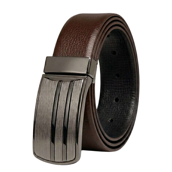 Mens 100% Genuine Leather Belt - LINEFORGE Fine Grain Plate (Brown & Black Reversible)