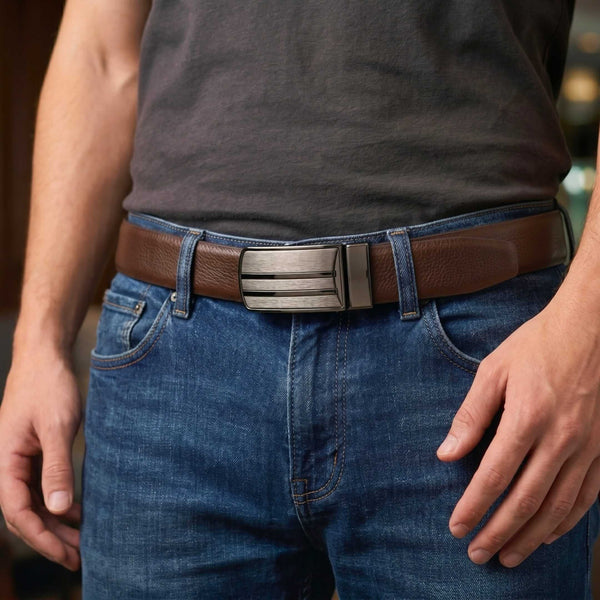Mens 100% Genuine Leather Belt - LINEFORGE Fine Grain Plate (Brown & Black Reversible)