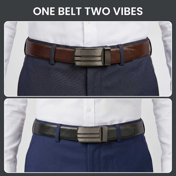 Mens 100% Genuine Leather Belt - LINEFORGE Fine Grain Plate (Brown & Black Reversible)