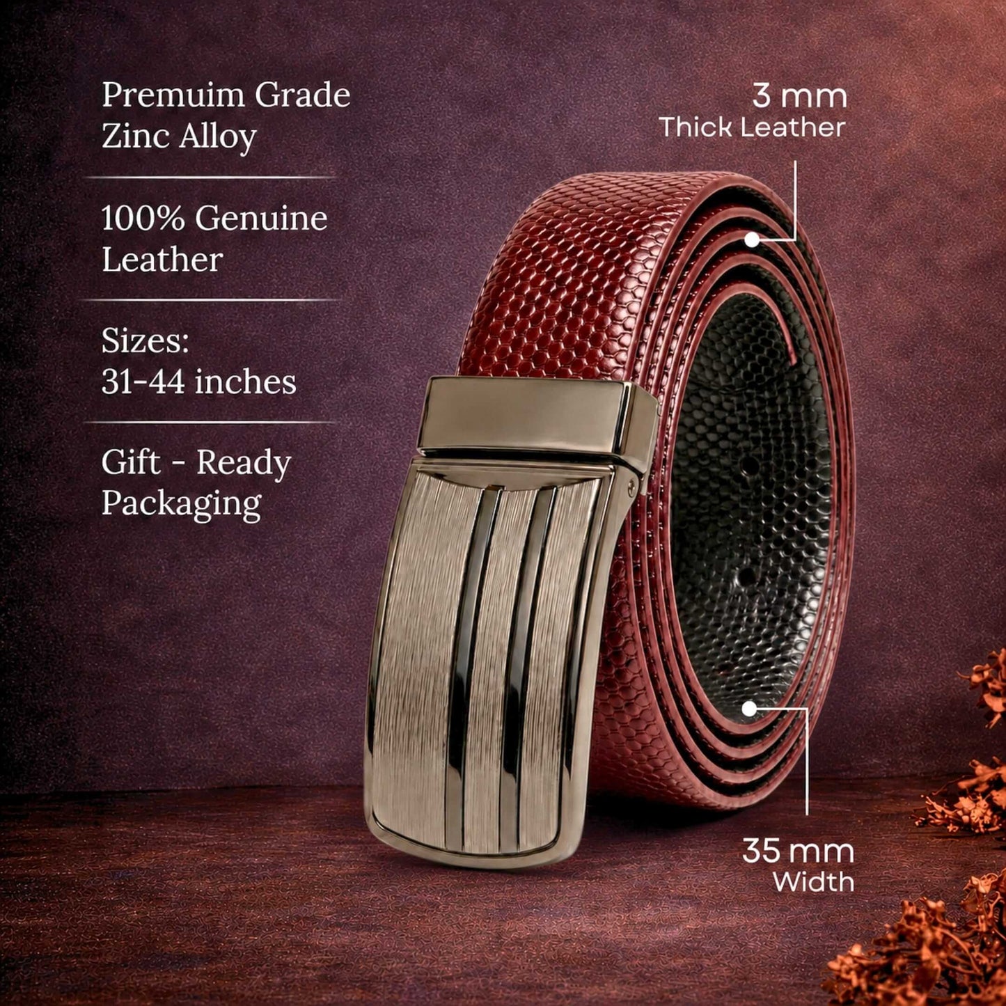 Mens 100% Genuine Leather Belt - LIZARD TEXTURE Exotic Scale Plate (Brown & Black Reversible) — Leather Belts for Men | THE MEN THING