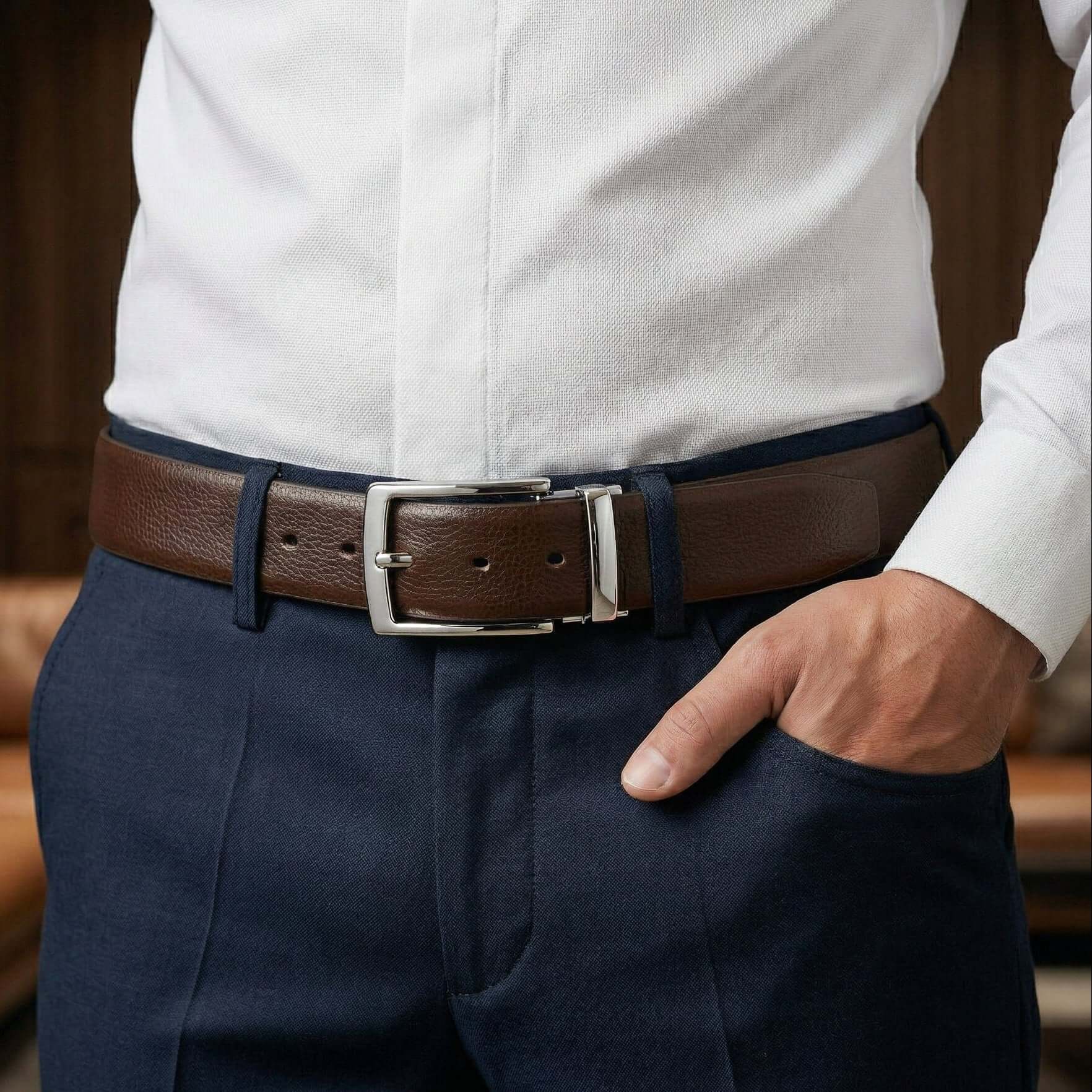 Mens 100% Genuine Leather Belt - LUXARO Lizard Emboss (Brown & Black Reversible) — Leather Belts for Men | THE MEN THING
