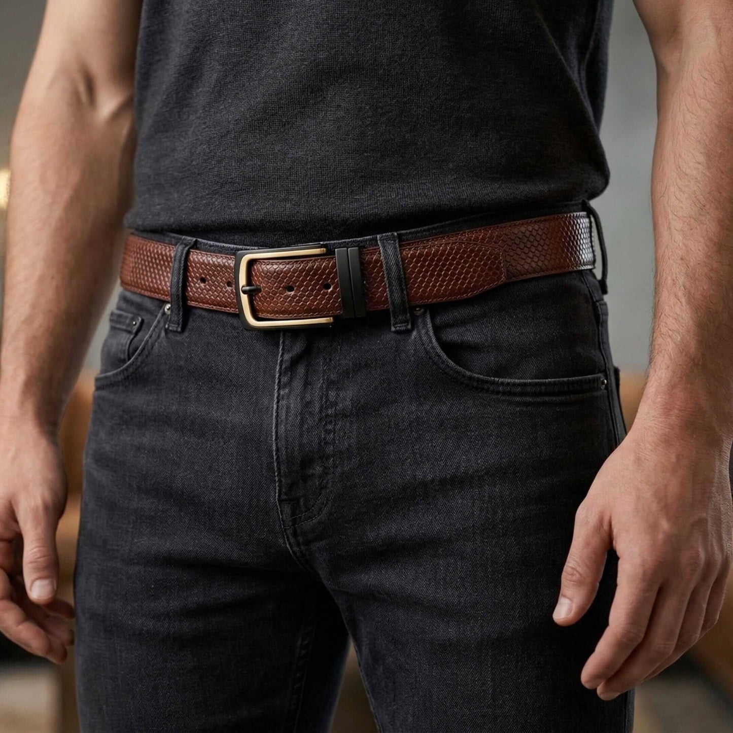 Mens 100% Genuine Leather Belt - LUXEDGE Grid Weave Emboss (Brown & Black Reversible) — Leather Belts for Men | THE MEN THING