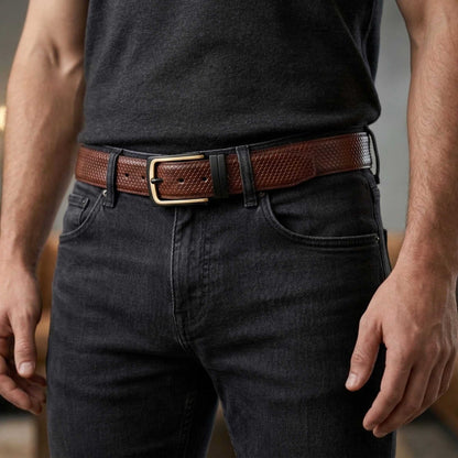 Mens 100% Genuine Leather Belt - LUXEDGE Grid Weave Emboss (Brown & Black Reversible) — Leather Belts for Men | THE MEN THING