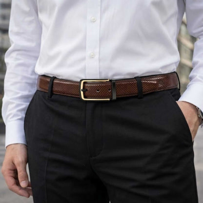 Mens 100% Genuine Leather Belt - LUXEDGE Grid Weave Emboss (Brown & Black Reversible) — Leather Belts for Men | THE MEN THING