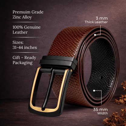 Mens 100% Genuine Leather Belt - LUXEDGE Grid Weave Emboss (Brown & Black Reversible) — Leather Belts for Men | THE MEN THING