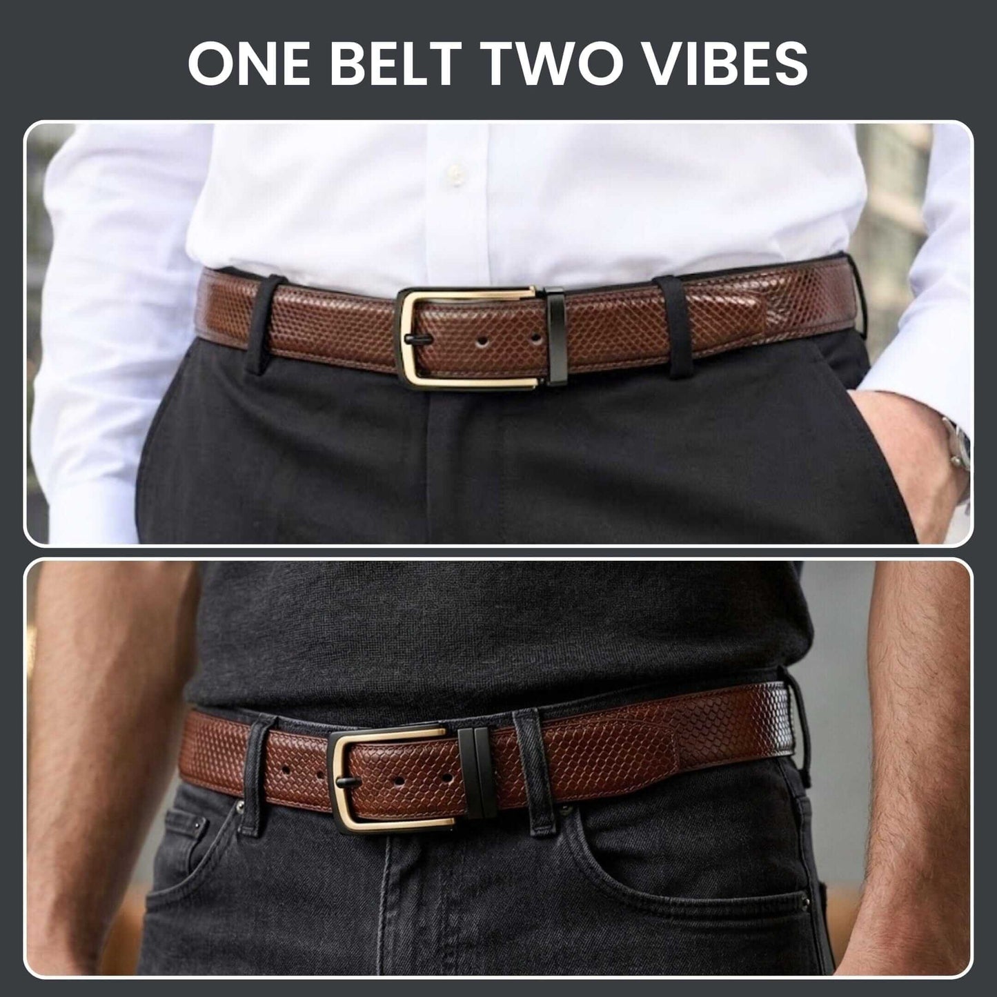 Mens 100% Genuine Leather Belt - LUXEDGE Grid Weave Emboss (Brown & Black Reversible) — Leather Belts for Men | THE MEN THING