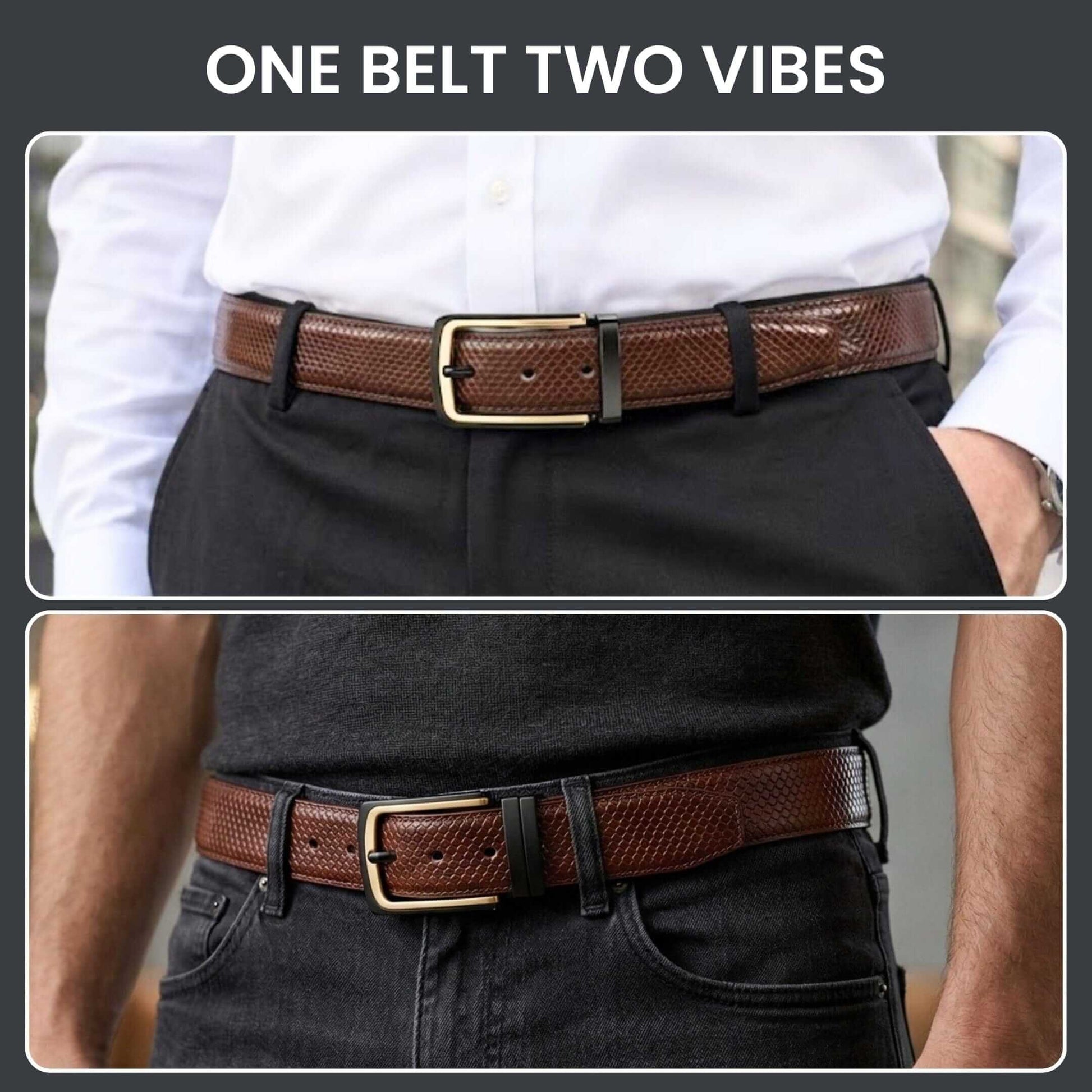 Mens 100% Genuine Leather Belt - LUXEDGE Grid Weave Emboss (Brown & Black Reversible) — Leather Belts for Men | THE MEN THING