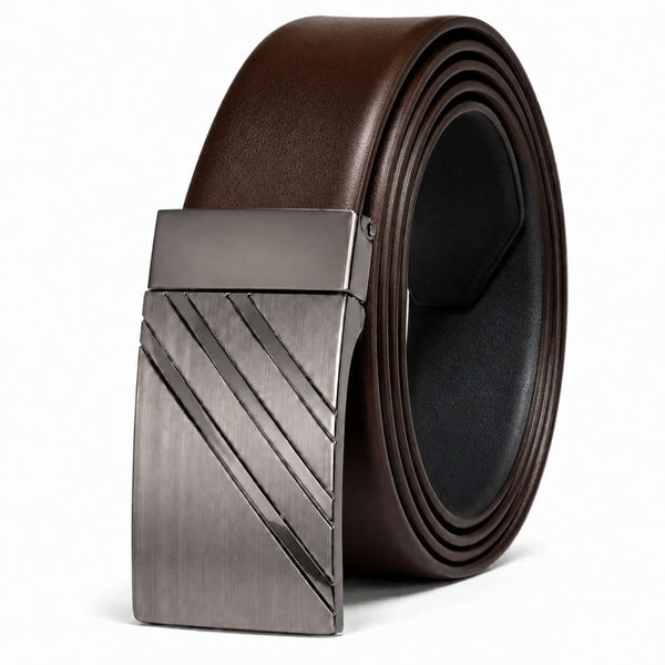 Mens 100% Genuine Leather Belt - LYVEX Smooth Auto Plate (Brown & Black Reversible)