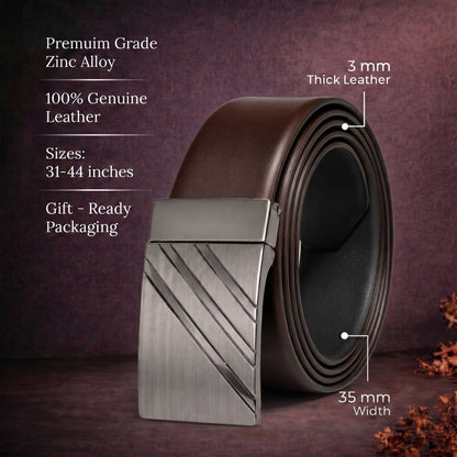 Mens 100% Genuine Leather Belt - LYVEX Smooth Auto Plate (Brown & Black Reversible) — Leather Belts for Men | THE MEN THING
