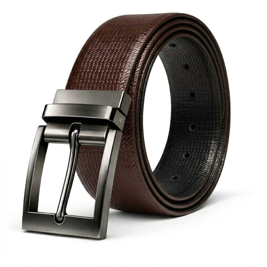 Mens 100% Genuine Leather Belt - NEXARO Dot Grain Emboss (Brown & Black Reversible) — Leather Belts for Men | THE MEN THING