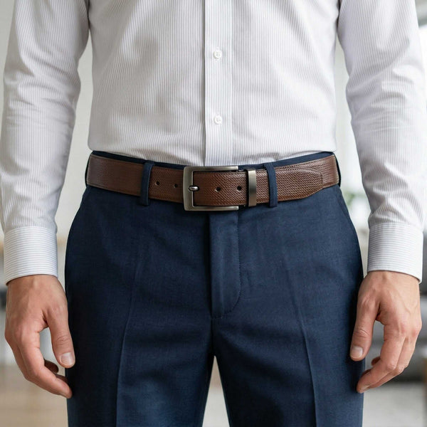 Mens 100% Genuine Leather Belt - NEXARO Dot Grain Emboss (Brown & Black Reversible)